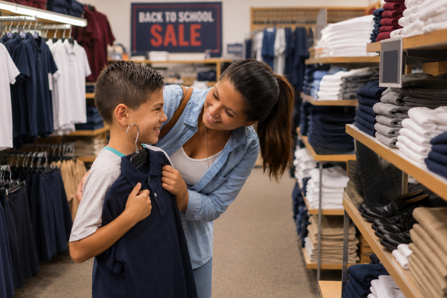 A family shopping for school uniform clothing before the school year
